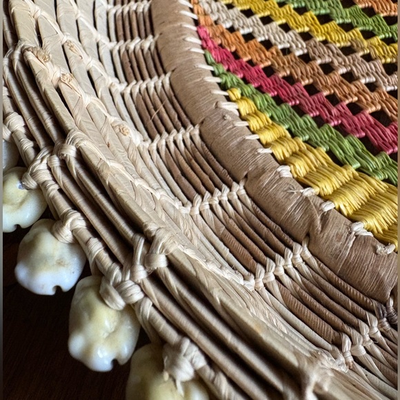 Coastal Hand Woven Basket Seashell Edge Artisan Natural Fibers Wicker Rattan - Picture 2 of 8